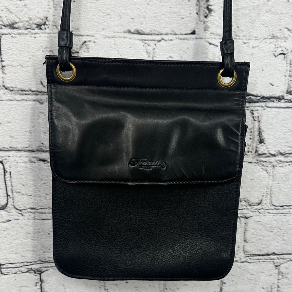 FOSSIL Vintage Leather Crossbody Organized Double Sided Flap Messenger Bag BLACK